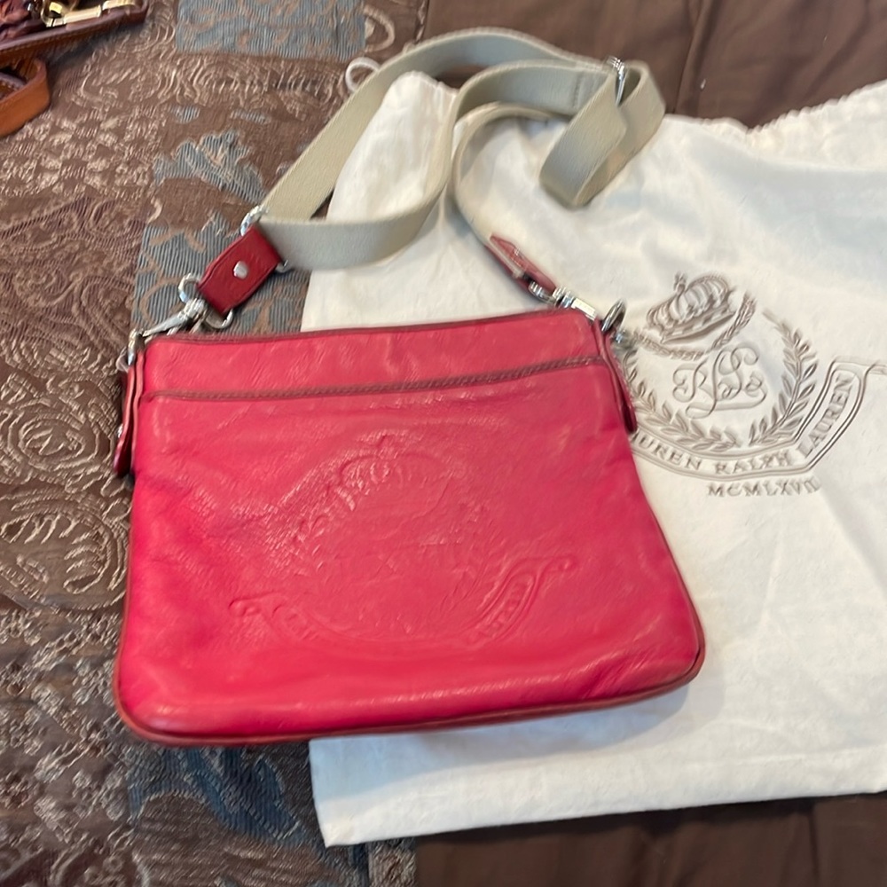 Lauren Ralph Lauren Red Leather Crossbody Bag with Beige Strap